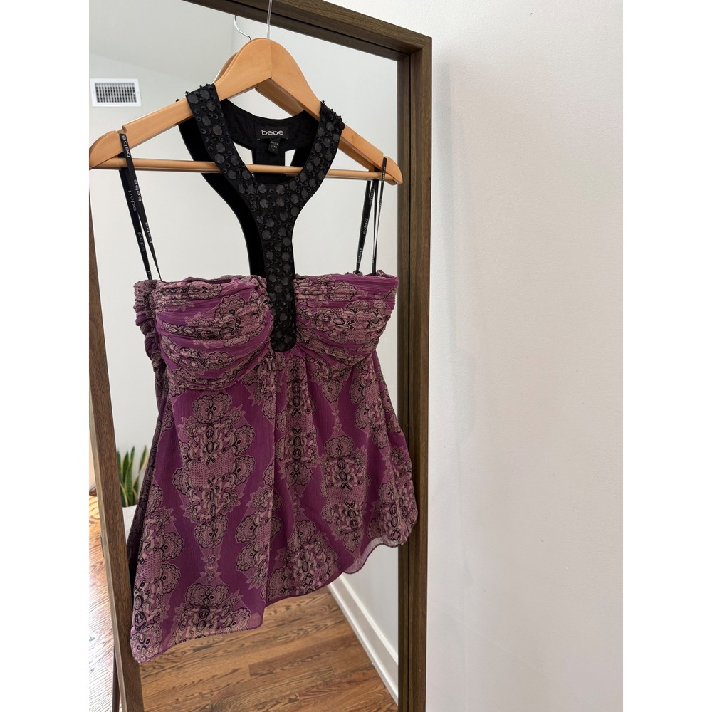Vintage bebe Purple Paisley Halter  Black Lace Y-Neck, sooo cute. Europe summer
